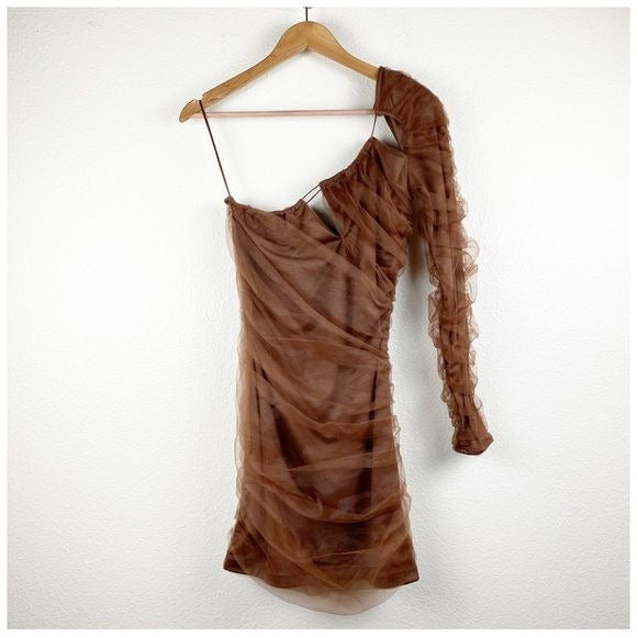 Zara NWT Brown Tulle One Shoulder Dress Size Small
