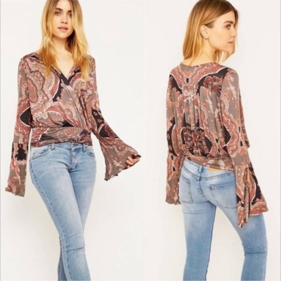 Free People Fiona Paisley Print Bell Sleeve Top Size Small