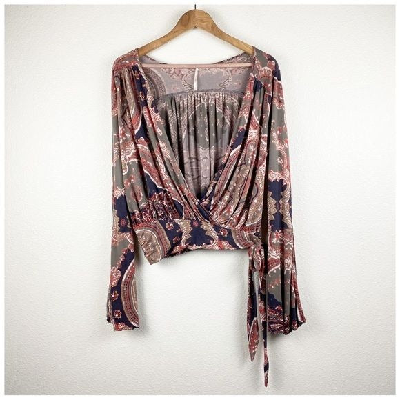 Free People Fiona Paisley Print Bell Sleeve Top Size Small