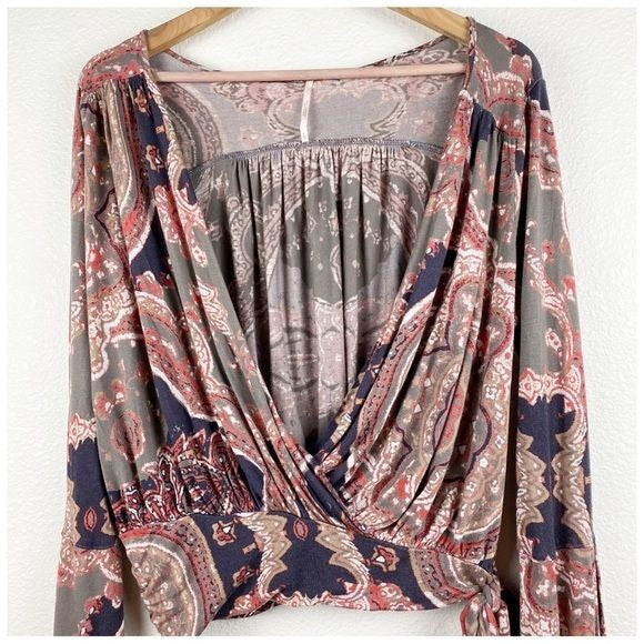 Free People Fiona Paisley Print Bell Sleeve Top Size Small