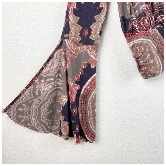 Free People Fiona Paisley Print Bell Sleeve Top Size Small