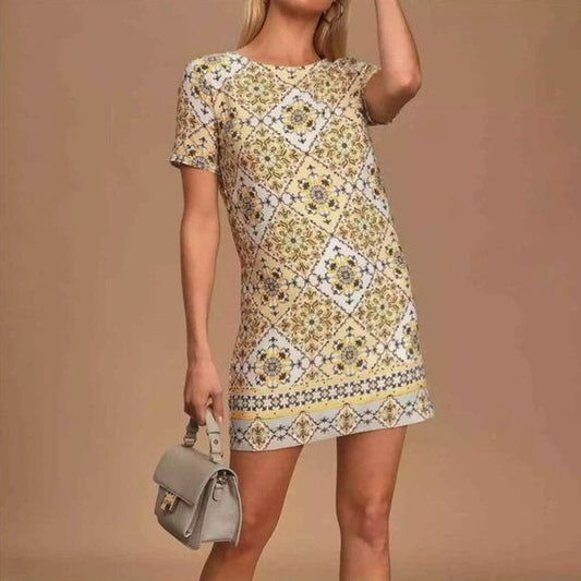 $$ Lulus Dandy Lion Yellow Print Shift Dress Size Small