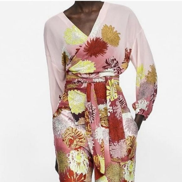 Zara Pink Floral Wrap Top Size Small