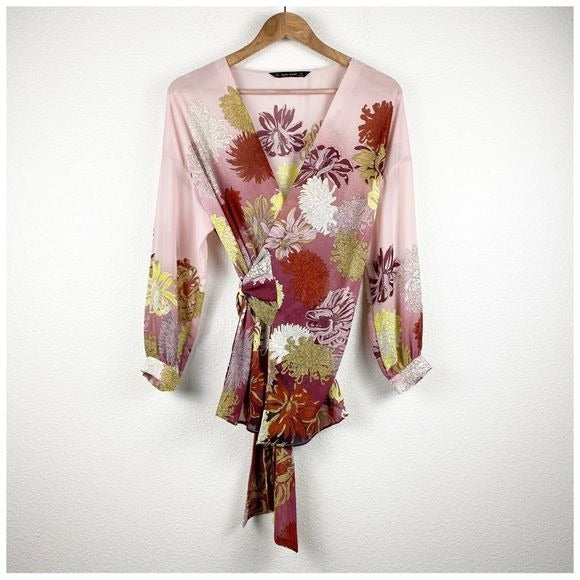 Zara Pink Floral Wrap Top Size Small