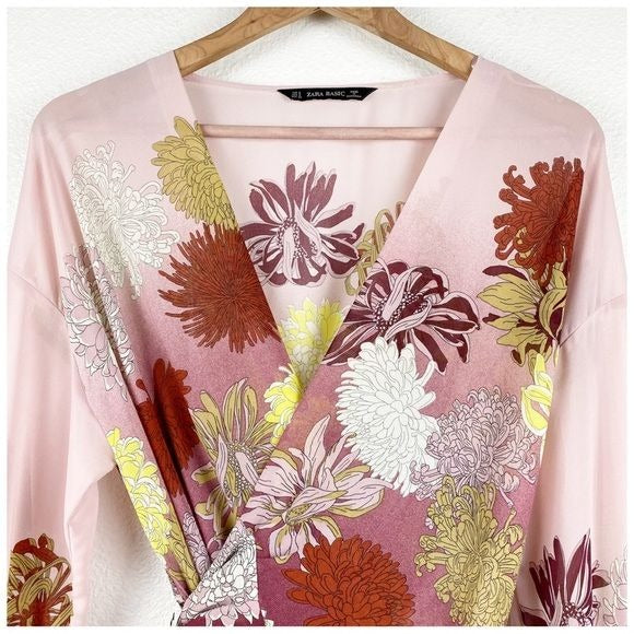 Zara Pink Floral Wrap Top Size Small