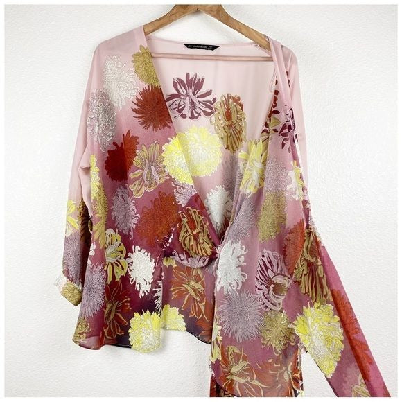 Zara Pink Floral Wrap Top Size Small