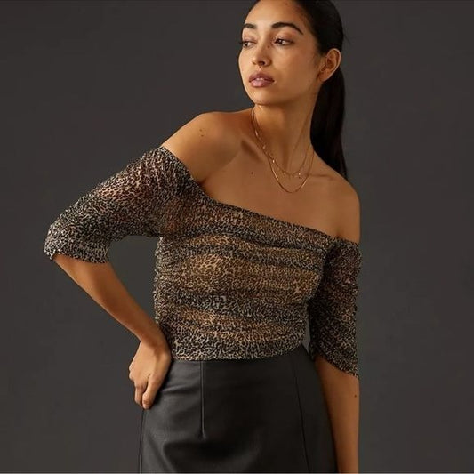 Anthropologie Shirred Animal Print Mesh Top Size Small