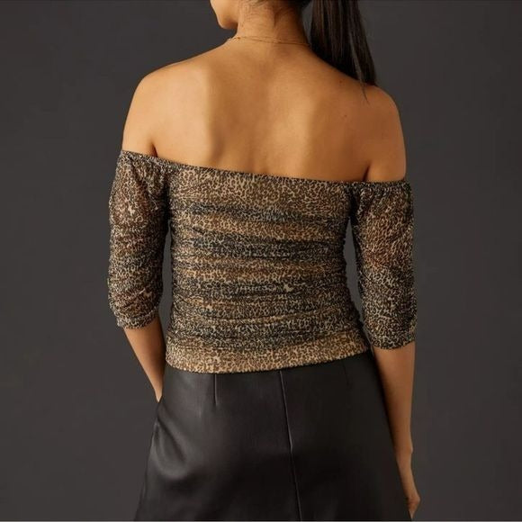 Anthropologie Shirred Animal Print Mesh Top Size Small