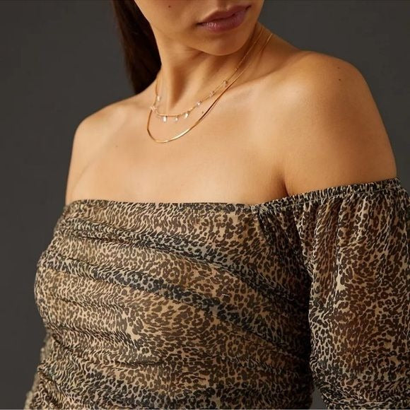 Anthropologie Shirred Animal Print Mesh Top Size Small