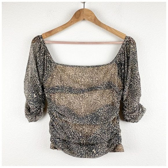 Anthropologie Shirred Animal Print Mesh Top Size Small