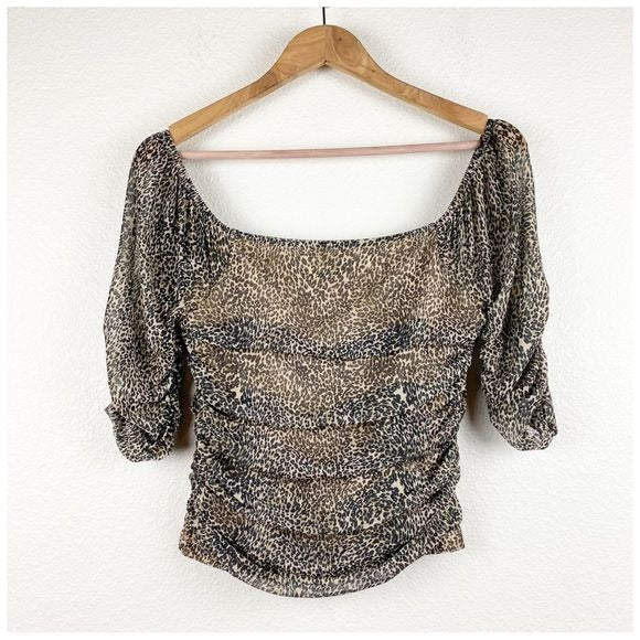 Anthropologie Shirred Animal Print Mesh Top Size Small