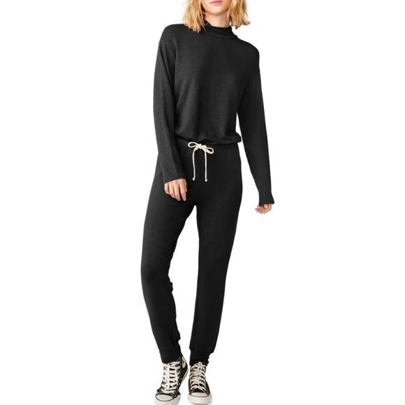 Monrow Super-soft Mock Neck Long-Sleeve Jumpsuit in Black Size Medium