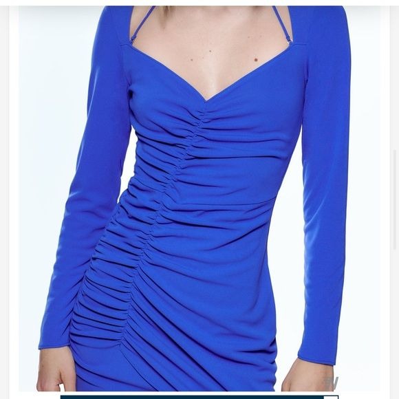 Zara Blue Draped Ruched Long Sleeve Dress Size XL