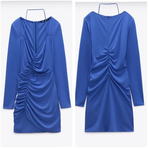 Zara Blue Draped Ruched Long Sleeve Dress Size XL