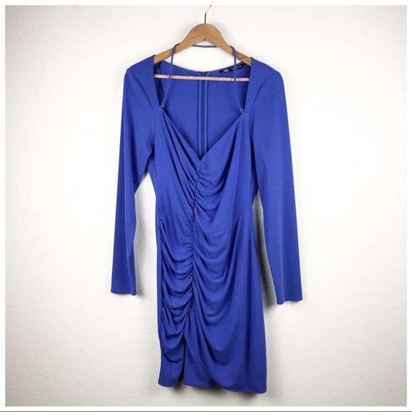 Zara Blue Draped Ruched Long Sleeve Dress Size XL