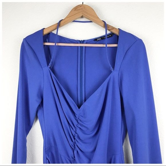 Zara Blue Draped Ruched Long Sleeve Dress Size XL