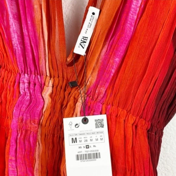 Zara Sleeveless V-Neck Beaded Appliques Tie Dye Midi Dress Size Medium