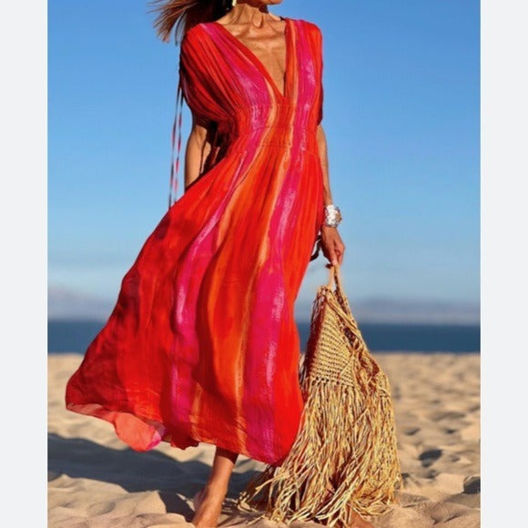 Zara Sleeveless V-Neck Beaded Appliques Tie Dye Midi Dress Size Medium