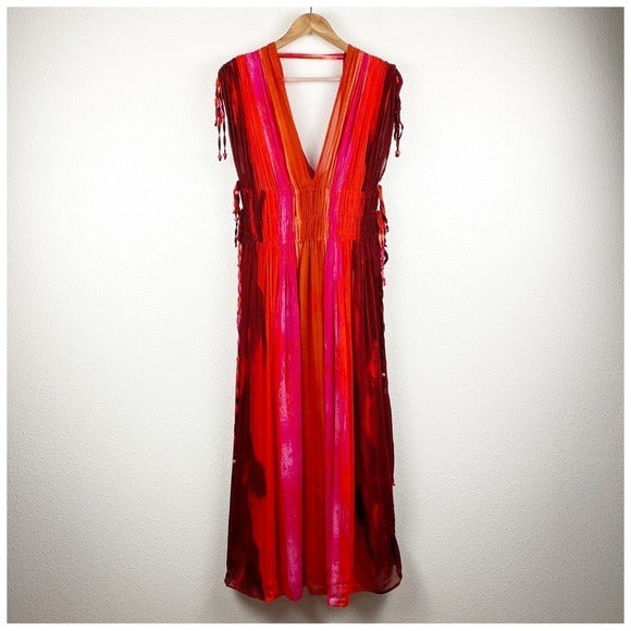 Zara Sleeveless V-Neck Beaded Appliques Tie Dye Midi Dress Size Medium
