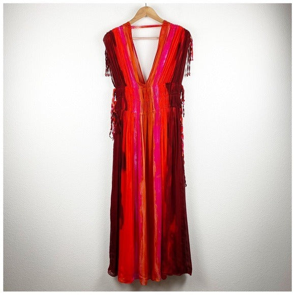 Zara Sleeveless V-Neck Beaded Appliques Tie Dye Midi Dress Size Medium