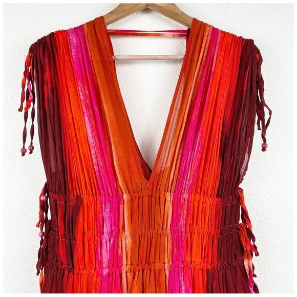 Zara Sleeveless V-Neck Beaded Appliques Tie Dye Midi Dress Size Medium