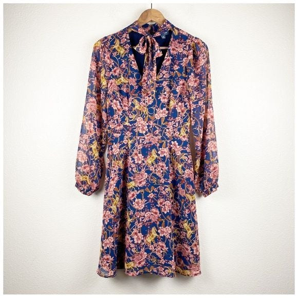 ModCloth Blue & Pink Floral Long Sleeve Horse Dress Size 6