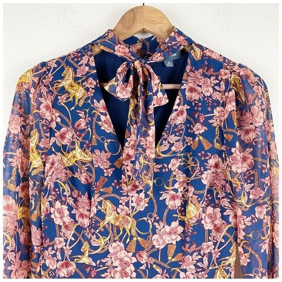 ModCloth Blue & Pink Floral Long Sleeve Horse Dress Size 6