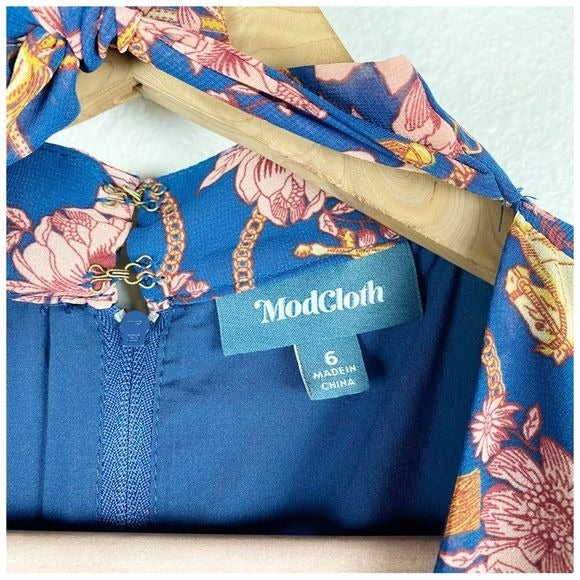 ModCloth Blue & Pink Floral Long Sleeve Horse Dress Size 6
