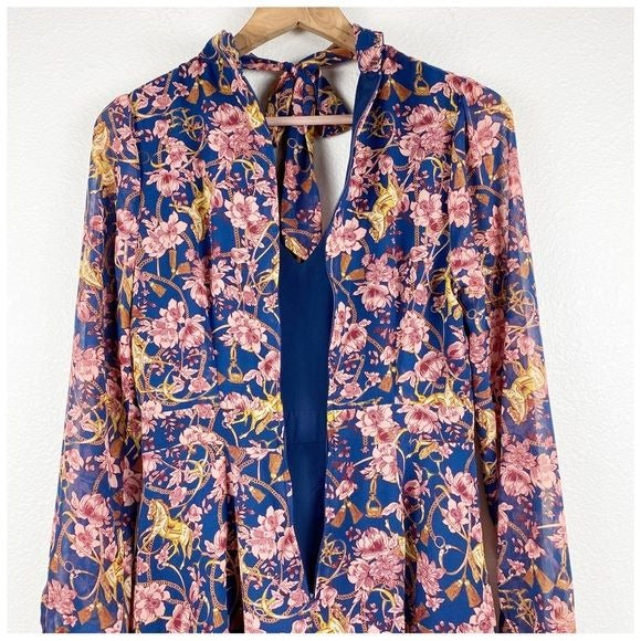 ModCloth Blue & Pink Floral Long Sleeve Horse Dress Size 6