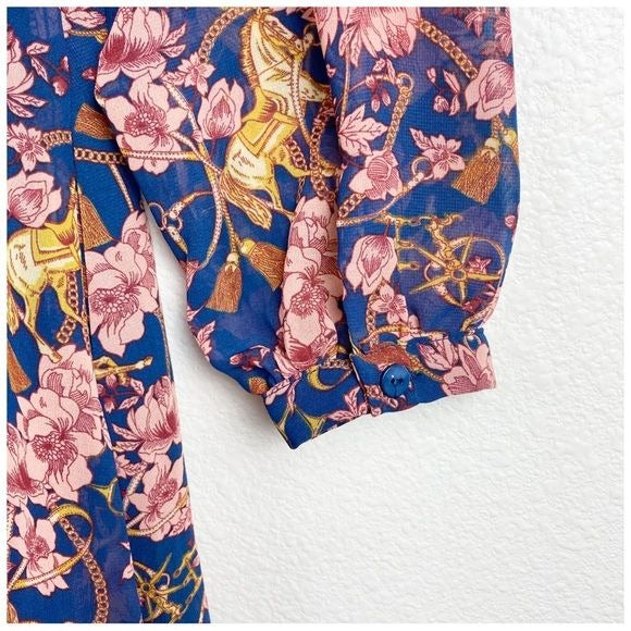 ModCloth Blue & Pink Floral Long Sleeve Horse Dress Size 6