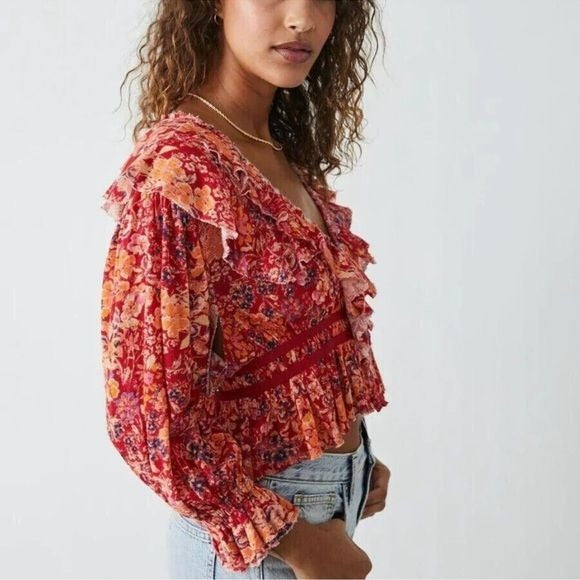 Free People Rudi Ruffle Top in Cherry Combo Size Small
