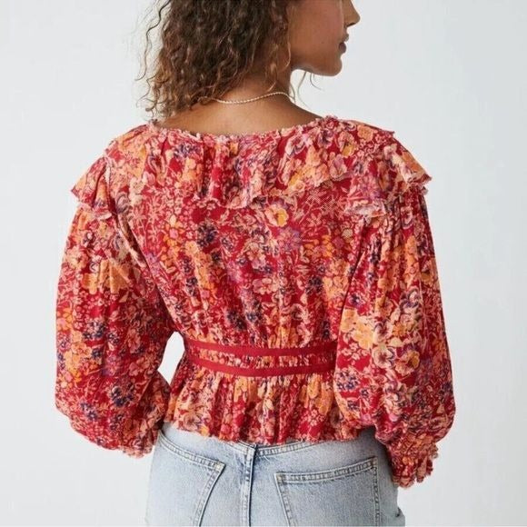 Free People Rudi Ruffle Top in Cherry Combo Size Small