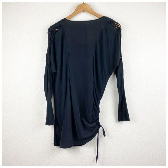 Gold Hawk Black Silk and Bamboo Braided Sleeve Blouse Size Small
