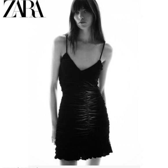 Zara NWT Black Ruched Velvet Dress Size XS