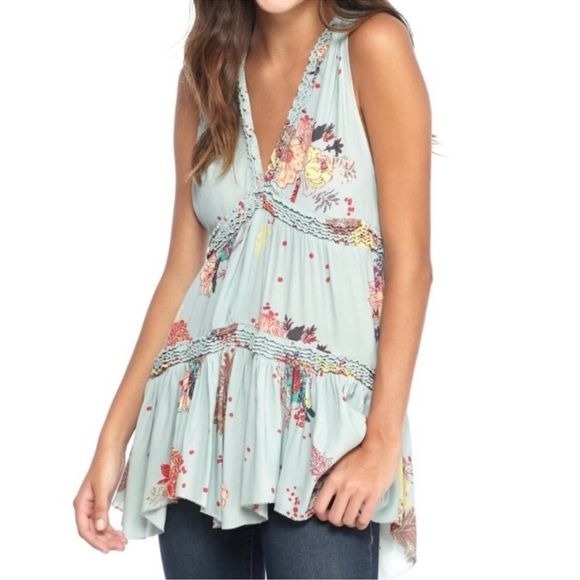 Free People Blue Haze Floral Tiered Tunic Size XS