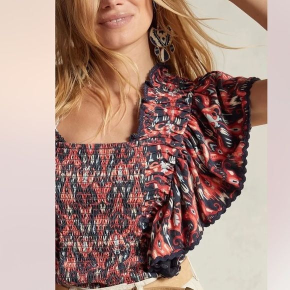Anthropologie Let Me Be Smocked Cop Top Size Large