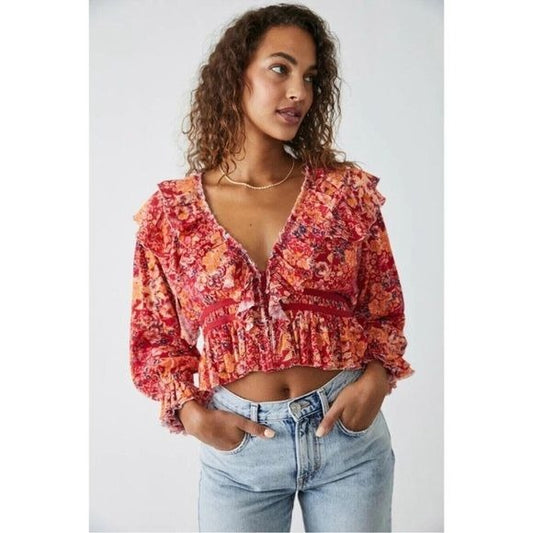 Free People Rudi Ruffle Top in Cherry Combo Size Small