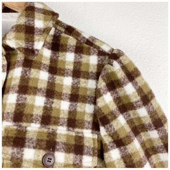 Treasure & Bond Puff Sleeve Button Shacket Olive-brown Jade Check Size Small