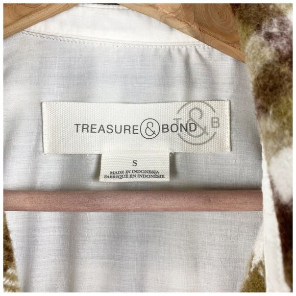 Treasure & Bond Puff Sleeve Button Shacket Olive-brown Jade Check Size Small