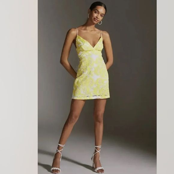 NWT Anthropologie Maeve Strappy Lace Mini Dress in Yellow Size 10