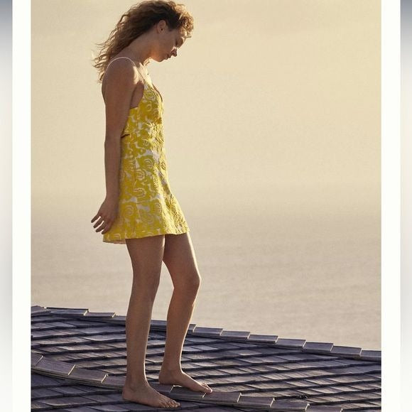 NWT Anthropologie Maeve Strappy Lace Mini Dress in Yellow Size 10