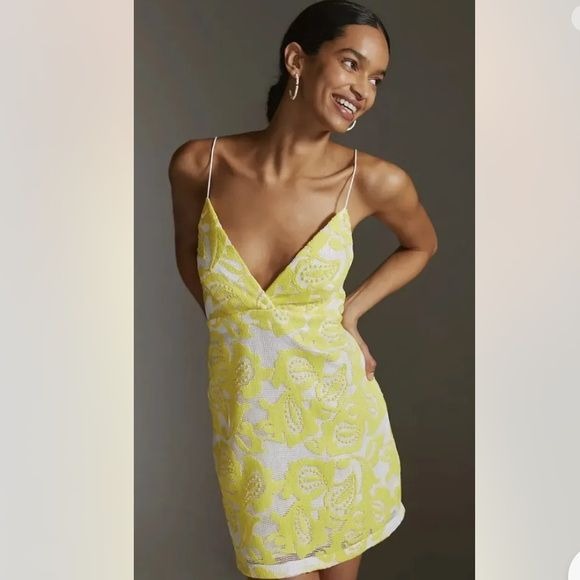 NWT Anthropologie Maeve Strappy Lace Mini Dress in Yellow Size 10
