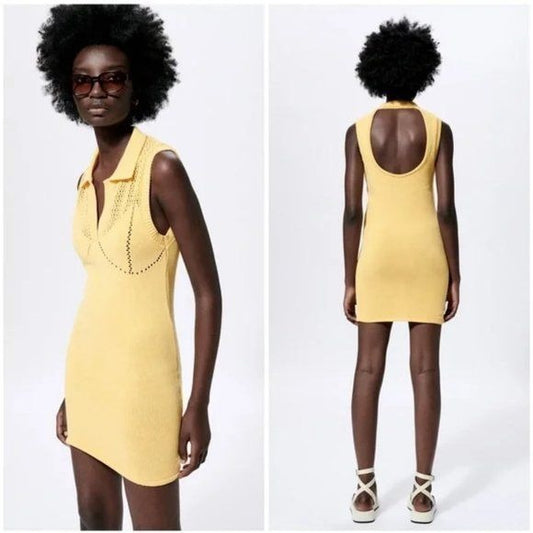 Zara NWT Yellow Knit Polo Dress with Cutwork Detail Size Small