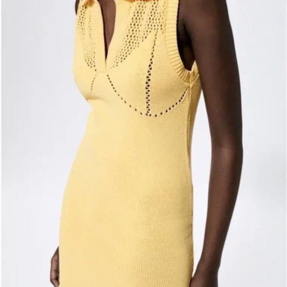 Zara NWT Yellow Knit Polo Dress with Cutwork Detail Size Small
