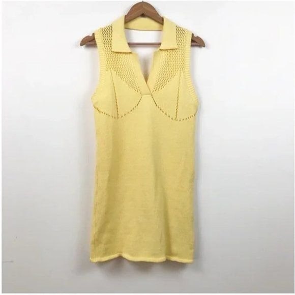 Zara NWT Yellow Knit Polo Dress with Cutwork Detail Size Small