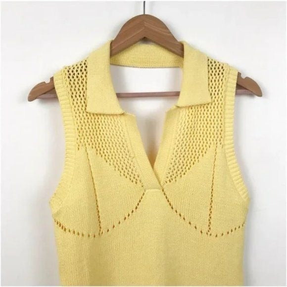 Zara NWT Yellow Knit Polo Dress with Cutwork Detail Size Small