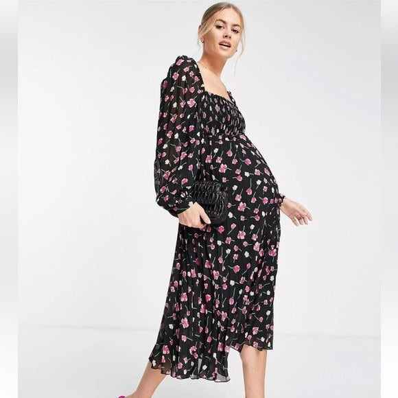 Asos NWT Maternity Square Neck Pleated Midi Dress in Floral Print Size 16