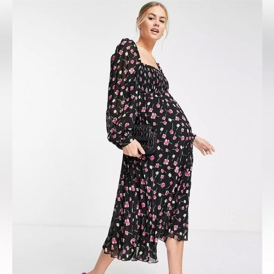 Asos NWT Maternity Square Neck Pleated Midi Dress in Floral Print Size 16