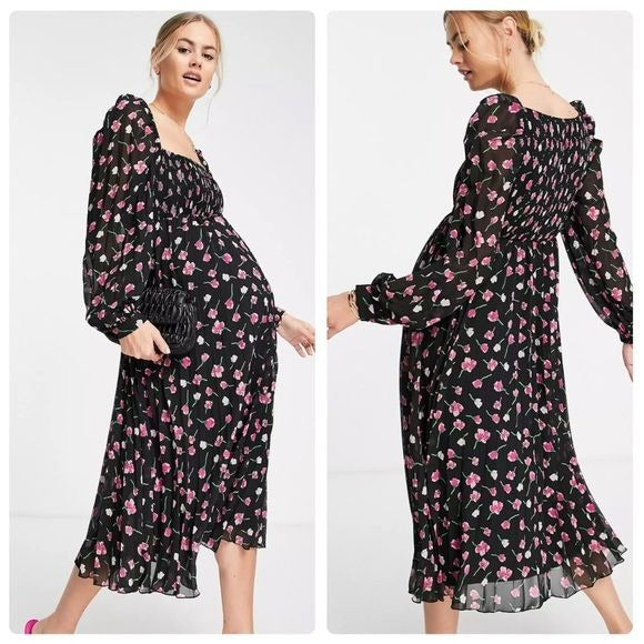 Asos NWT Maternity Square Neck Pleated Midi Dress in Floral Print Size 16