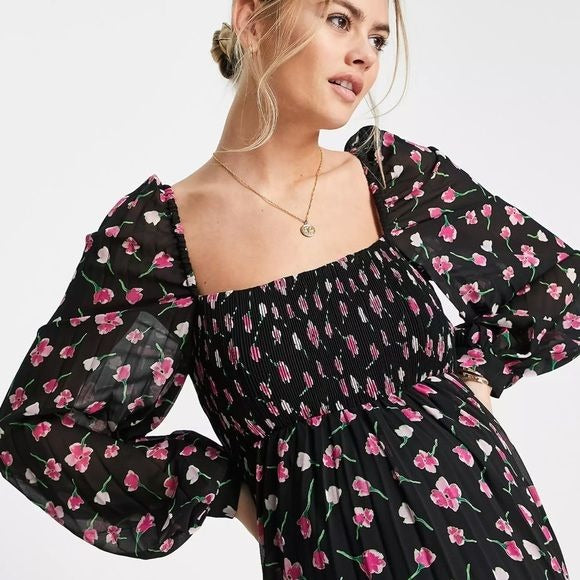 Asos NWT Maternity Square Neck Pleated Midi Dress in Floral Print Size 16